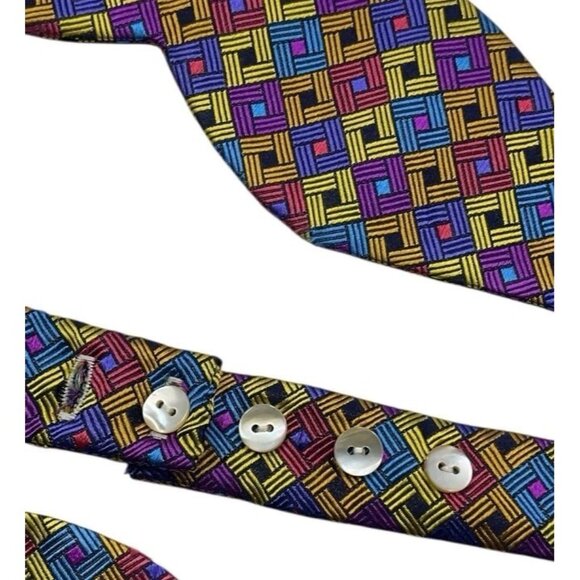 CARROT & GIBBS Men's 100% Silk LUXURY Self Bow Tie Blue Gold Geometric W:2.7" - Picture 4 of 4